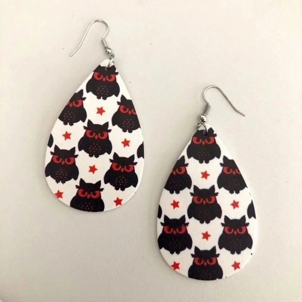 3 for $25/ Black & White Spooky Owl Teardrop Faux Leather Die-Cut Earrings NWT